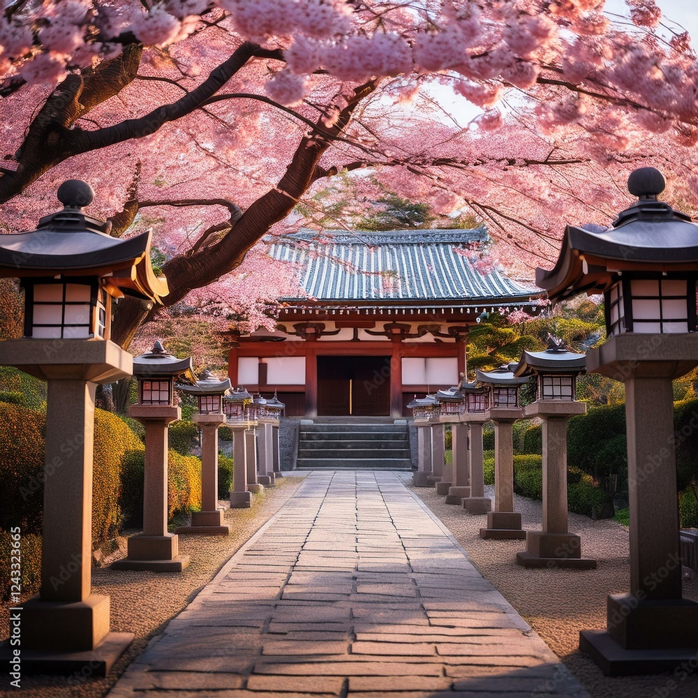 Fototapeta premium 古い寺院としだれ桜_「A traditional Japanese temple framed by the elegant branches of a weeping cherry 