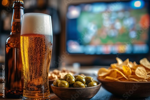 Enjoying snacks and drinks while watching sports on television in a cozy livi...