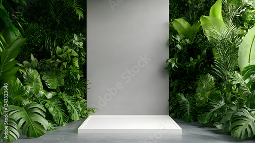 Fototapeta Naklejka Na Ścianę i Meble -  Empty white display podium surrounded by lush tropical plants