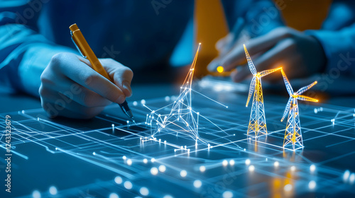 Engineer designing virtual wind turbines on a digital circuit board. Possible use Stock photo for renewable energy, sustainable development, or technology articles photo