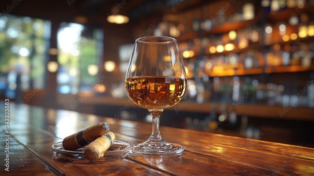 Cognac glass and cigars on bar counter, blurred background of a smoky bar Cognac glass and cigars on bar counter, blurred background of a smoky bar