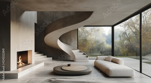Elegant modern interior featuring unique spiral staircase and cozy fireplace ...