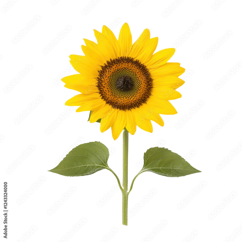 Fototapeta premium Vibrant sunflower with green leaves on a white isolate background.