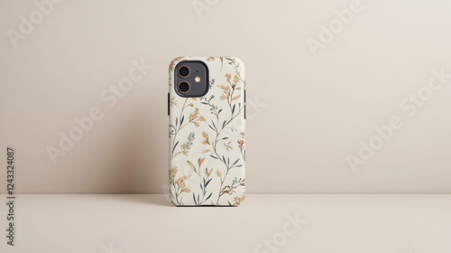 Floral phone case on beige background; product photography for online shop