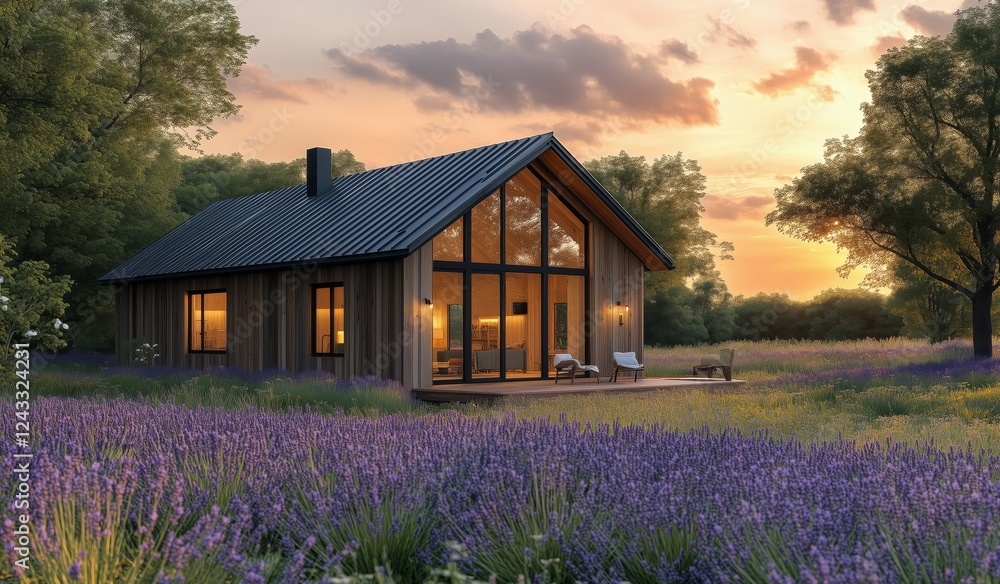 Lavender fields surround a modern cabin during sunset in a serene countryside setting Lavender fields surround a modern cabin during sunset in a serene countryside setting
