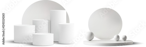 Minimal display with cylindrical pedestals and spheres on a white background. Perfect for product presentation, branding mockups, or modern interior designs. Vector 3d illustration.
