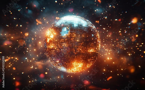 Disco ball reflecting vibrant lights and colors in a dynamic celebration atmo...