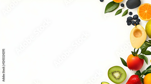 Fresh Fruits Arranged in a Border Against White Background. Possible Use Food photography, healthy eating concept photo