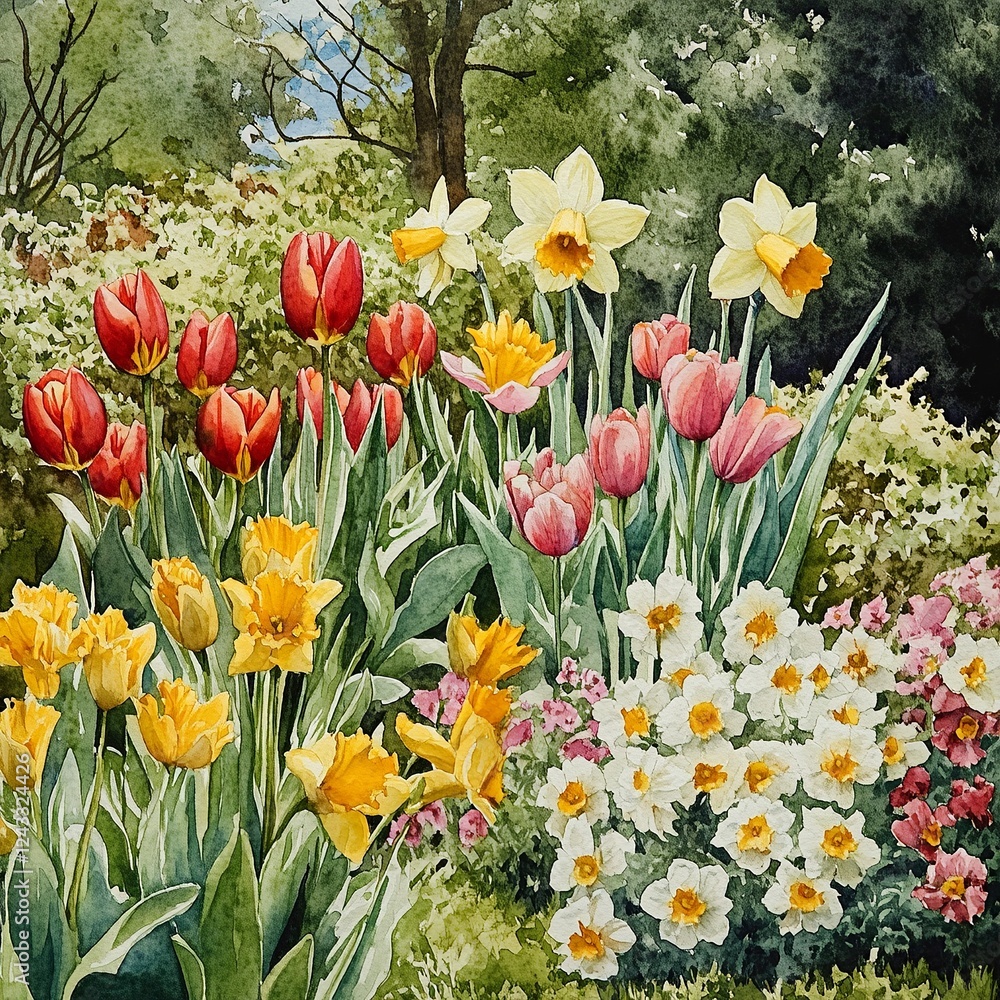 Obraz premium Watercolor depiction of a garden filled with blooming tulips and daffodils in bright spring color
