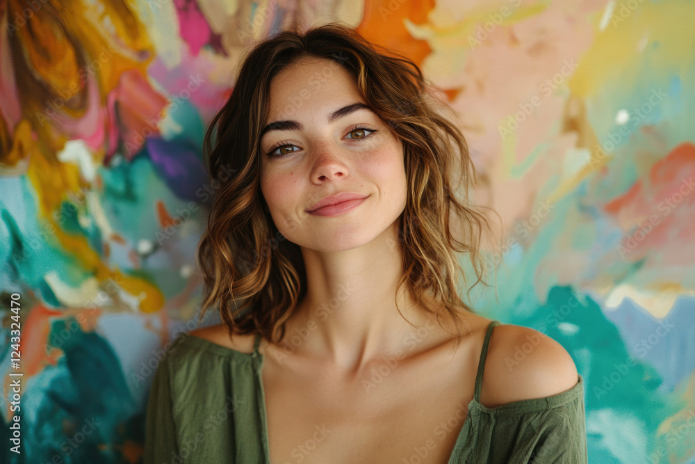 A young woman with shoulder-length wavy brown hair smiles gently against a vibrant abstract background. A young woman with shoulder-length wavy brown hair smiles gently against a vibrant abstract background.