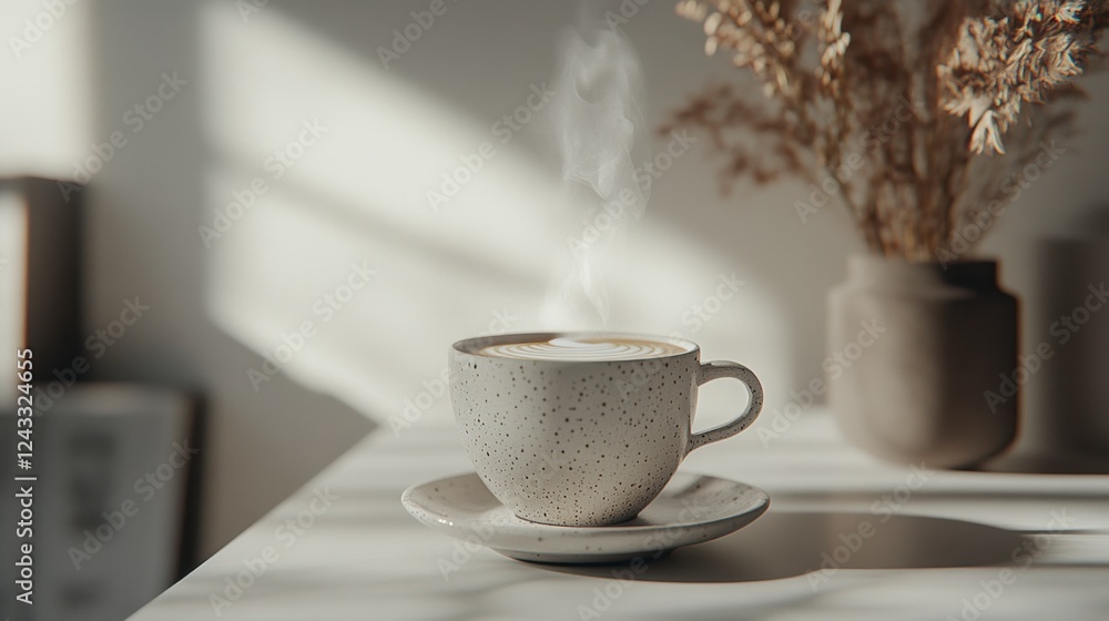 A steaming cup of cappuccino with latte art on a saucer, resting on a clean white surface with minimalistic style. A steaming cup of cappuccino with latte art on a saucer, resting on a clean white surface with minimalistic style.