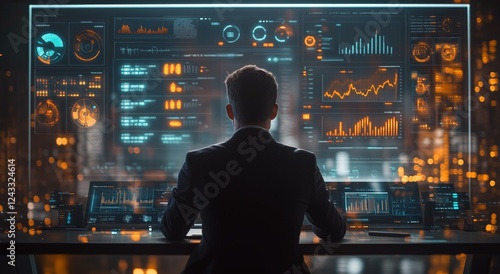 Business professional analyzes data trends in a modern office setting during ...