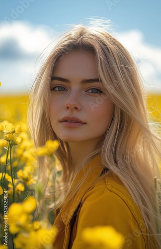 Blonde woman in yellow jacket among bright yellow flowers on a sunny day