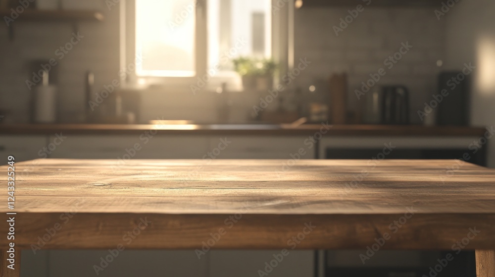 Rustic Wooden Tabletop in Sunlit Kitchen Rustic Wooden Tabletop in Sunlit Kitchen