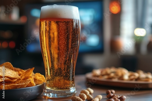 Refreshing beverage and snacks on a table during a cozy gathering in the evening