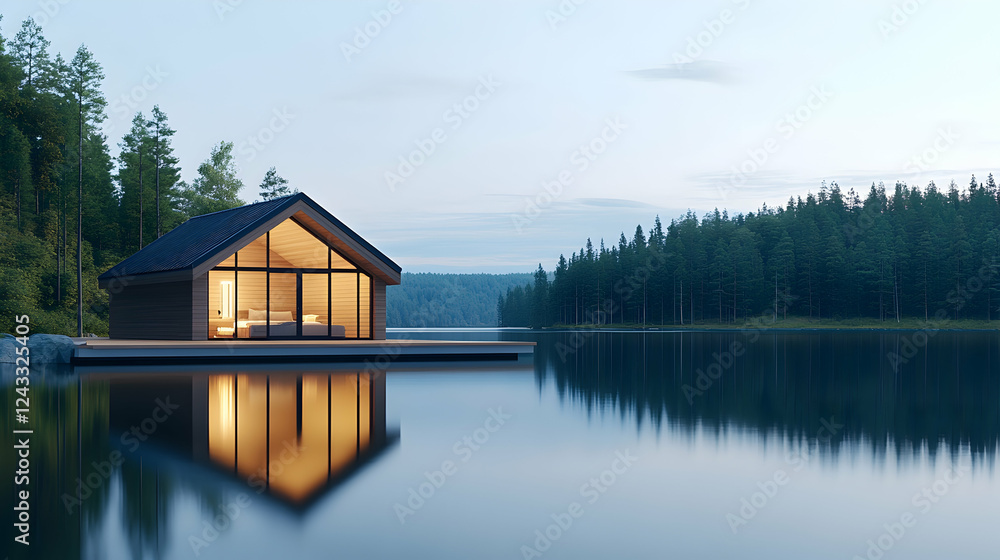 Fototapeta premium Lakeside cabin at dusk, tranquil forest backdrop, interior lighting visible, perfect for relaxation getaways