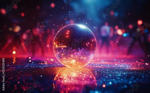 Colorful disco ball shining under bright lights in a lively dancing atmospher...