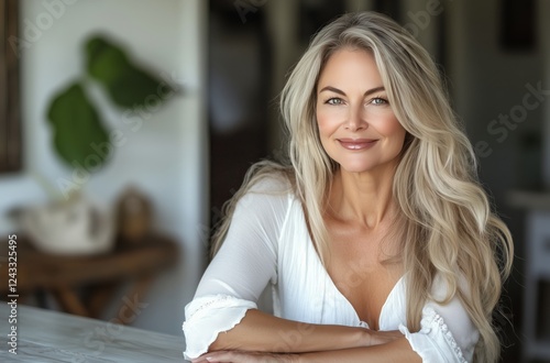 Woman with long blonde hair smiles warmly in a bright interior space with nat...