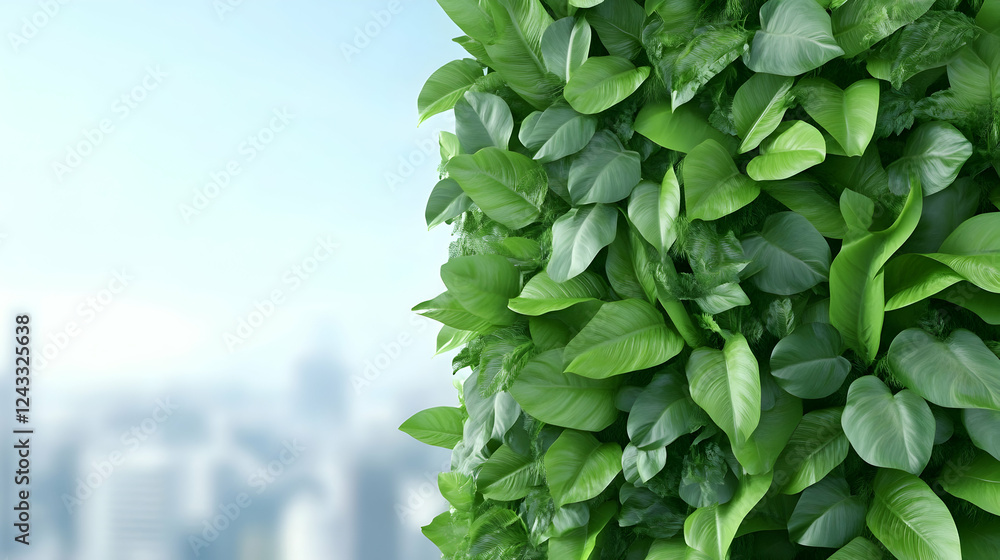 Fototapeta premium Lush green foliage sphere against city skyline. Possible use for environmental themes