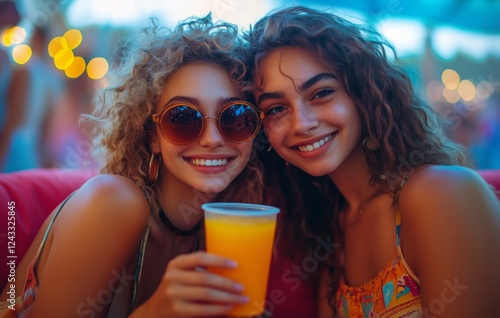 Friends enjoying drinks at a vibrant outdoor gathering during a summer evening