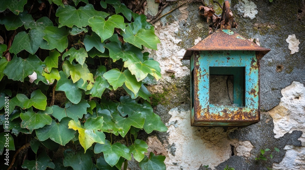 Rustic blue birdhouse ivy wall outdoors garden