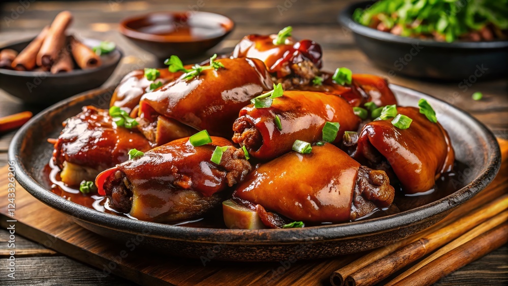 Delicious Braised Pork Feet: Close-Up Studio Shot of Tender, Flavourful Pork Dishes Delicious Braised Pork Feet: Close-Up Studio Shot of Tender, Flavourful Pork Dishes