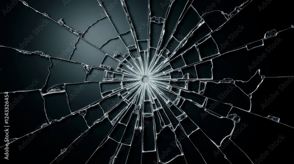 Obraz premium Zenithal view of broken glass in concentric form on black background