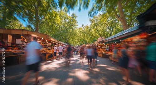 Vibrant market bustling with activity on a sunny day in a lush green park set...