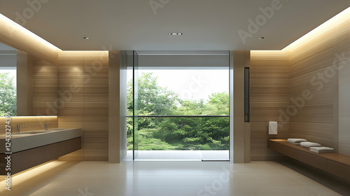 Modern bathroom with balcony view; interior design, spa-like ambiance; possible use for interior design magazines, real estate, or hotel brochures photo