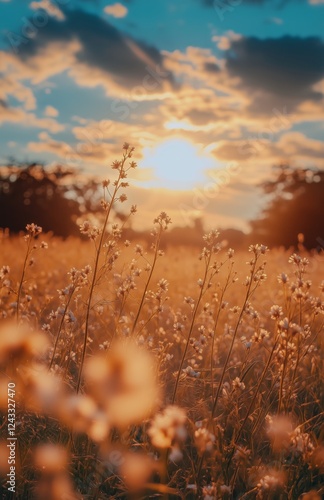 Sunset over a golden field with blooming flowers and soft clouds creating a s...