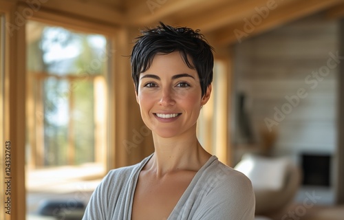 Smiling woman with short hair stands confidently in a bright, modern interior...