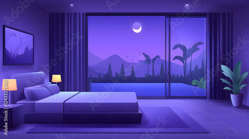 Modern bedroom at night with pool view; relaxing interior scene photo