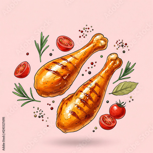 Spicy grilled chicken legs or drumsticks flying with herbs and spices. Floating BBQ chicken drumsticks with vegetables isolated on white background. Chicken drumsticks flying in air isolated on white