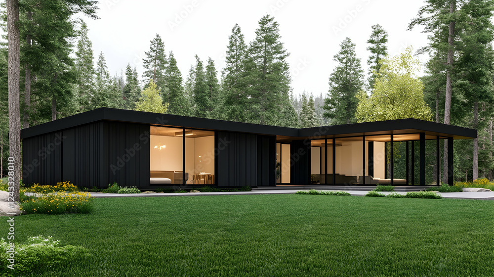 Modern Black House in Forest, Exterior View, Relaxing Atmosphere, Potential Vacation Home Modern Black House in Forest, Exterior View, Relaxing Atmosphere, Potential Vacation Home