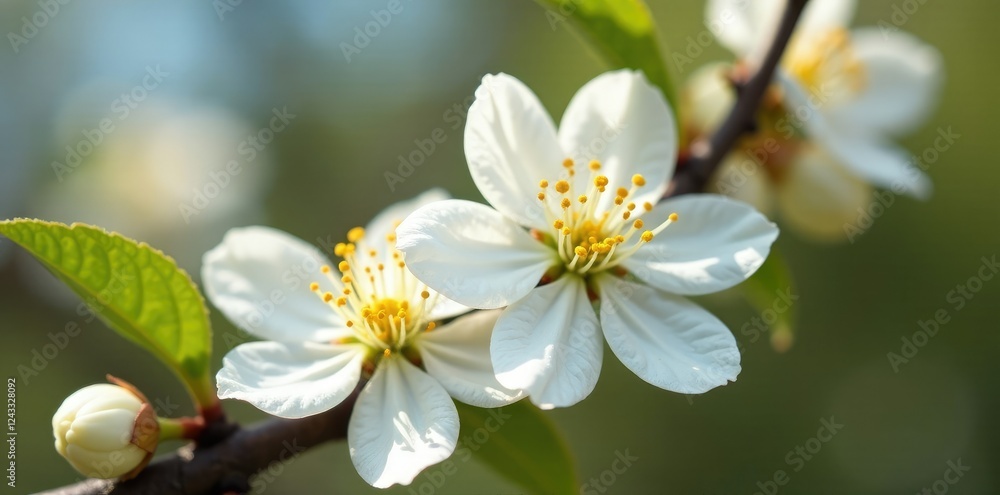 Detail of white corolla with yellow stamens on a tree branch, yellow, detail Detail of white corolla with yellow stamens on a tree branch, yellow, detail
