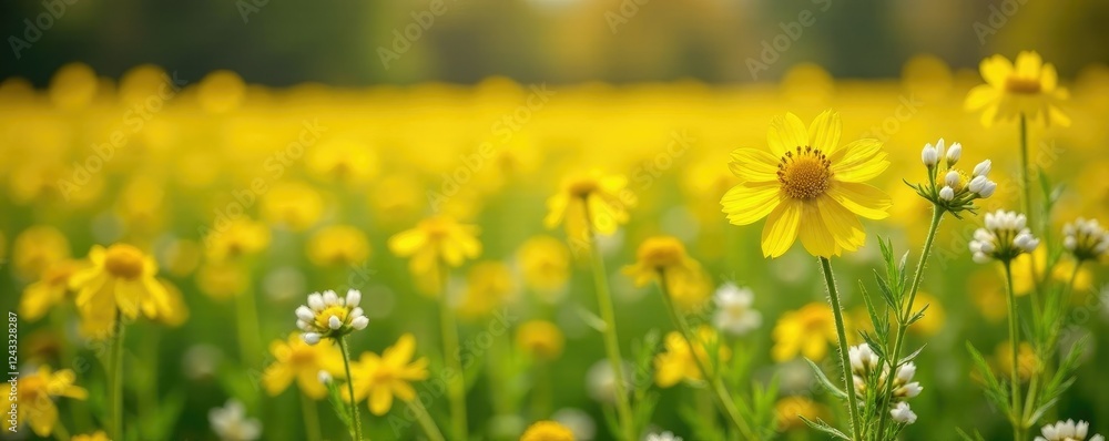 Fototapeta premium Field of golden yarrow flowers with white petals in autumn, field, landscape