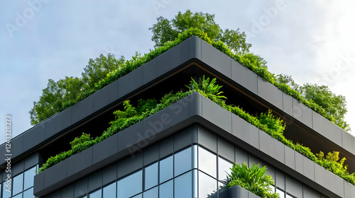 Modern building with rooftop garden, sustainable architecture, office space photo