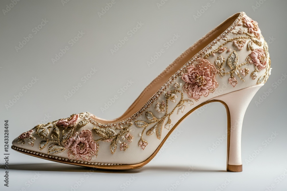 Obraz premium Elegantly embroidered high heels, adorned with delicate pink and gold floral motifs on a cream satin base.