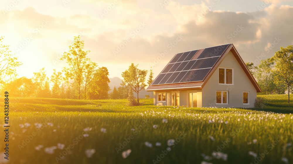 Eco friendly house structure with solar panels in sunny landscape Eco friendly house structure with solar panels in sunny landscape