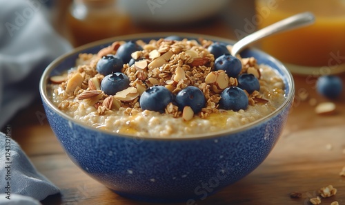 Healthy oatmeal bowl topped with blueberries and granola in a cozy kitchen se...