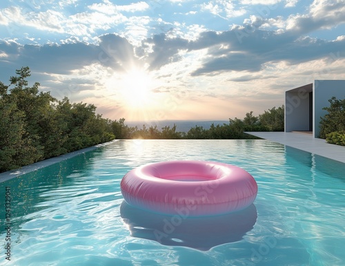 Bright sunset over a tranquil pool with a pink float, showcasing serene beaut...