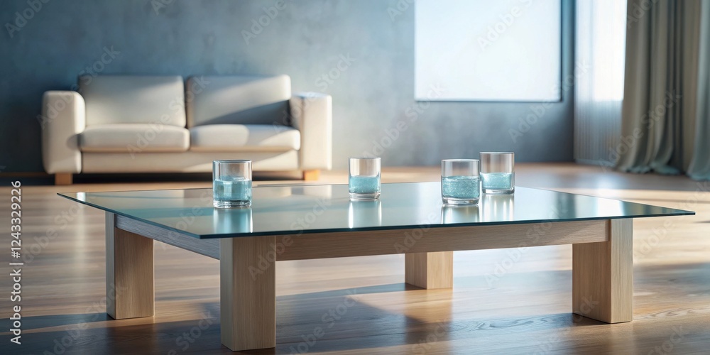 Fototapeta premium Modern Living Room Interior Design Featuring a Glass-Top Coffee Table and Refreshing Drinks