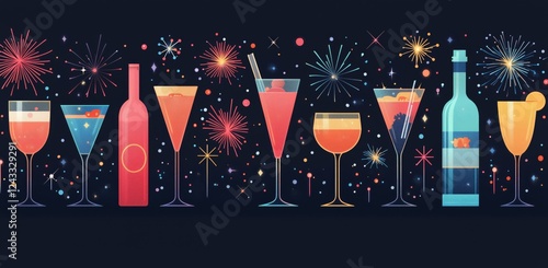 Colorful cocktail lineup with fireworks display in celebration