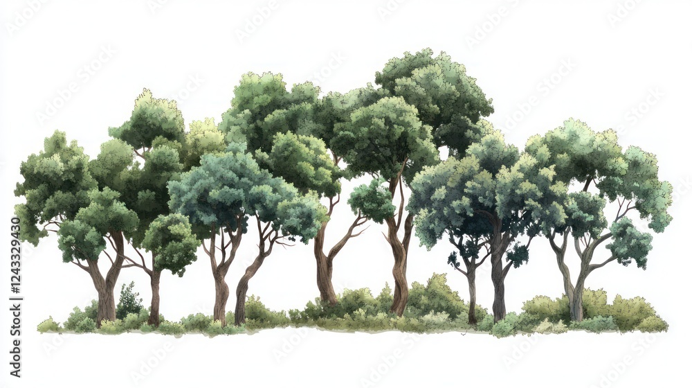 Lush green trees, Mediterranean landscape, foliage, nature, background illustration, design element