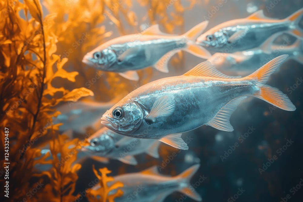 Naklejka premium A school of silvery fish swims amidst vibrant orange kelp, creating a captivating underwater scene.