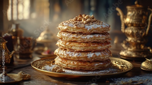 Wallpaper Mural Stacked pastries, powdered sugar, ornate setting, dessert, Middle Eastern Torontodigital.ca