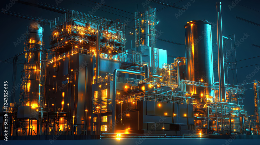 Fototapeta premium Futuristic power plant with glowing structures and intricate designs, showcasing advanced technology and industrial innovation. vibrant lights create captivating atmosphere