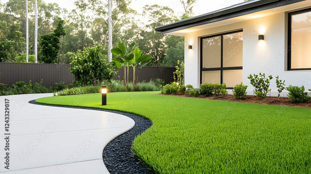 Naklejka premium Modern house backyard with curved walkway and lush green lawn
