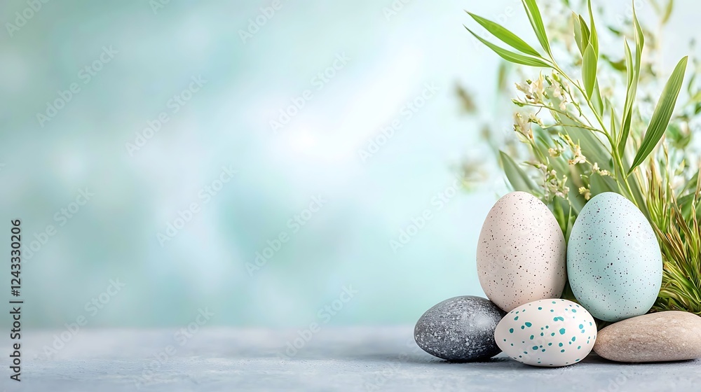 Spring garden photography joyful easter celebration with soft light and pastel eggs Spring garden photography joyful easter celebration with soft light and pastel eggs