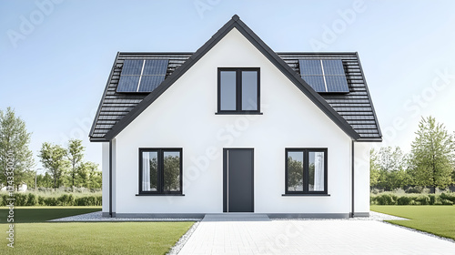 Modern house facade with solar panels, front view, sunny day, ideal for real estate or architectural showcases photo